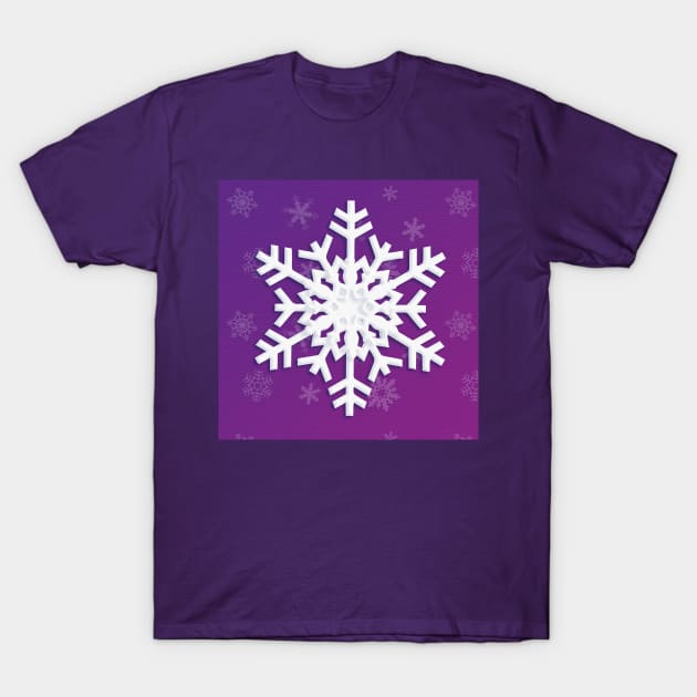 Snowflake Winter Holiday Christmas Decoration. White Snowflake on purple background. T-Shirt by sofiartmedia